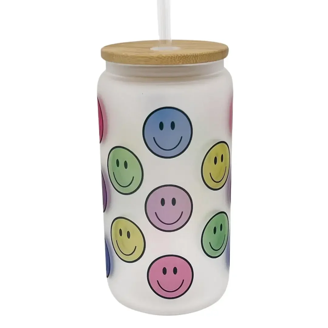 16oz Frosted Glass With Bamboo Lid and Plastic Straw - Summer (Smiley Face, 16oz)
16oz Frosted Glass With Bamboo Lid and Plastic Straw - Summer (Smiley Face, 16oz)