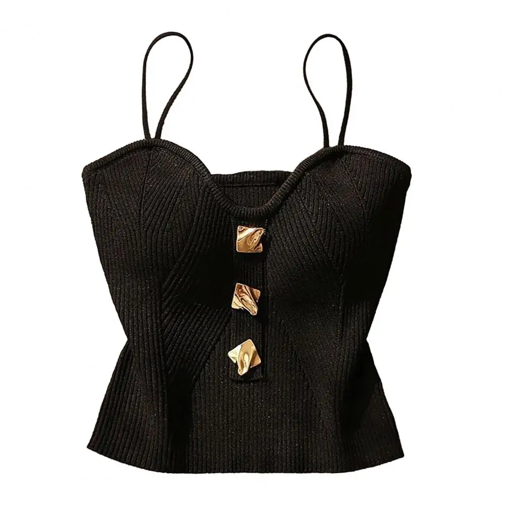 Women Vest Knitted Crop Top with Button Decor Backless Design Padded Spaghetti Straps V Neck Camisole
Women Vest Knitted Crop Top with Button Decor Backless Design Padded Spaghetti Straps V Neck Camisole