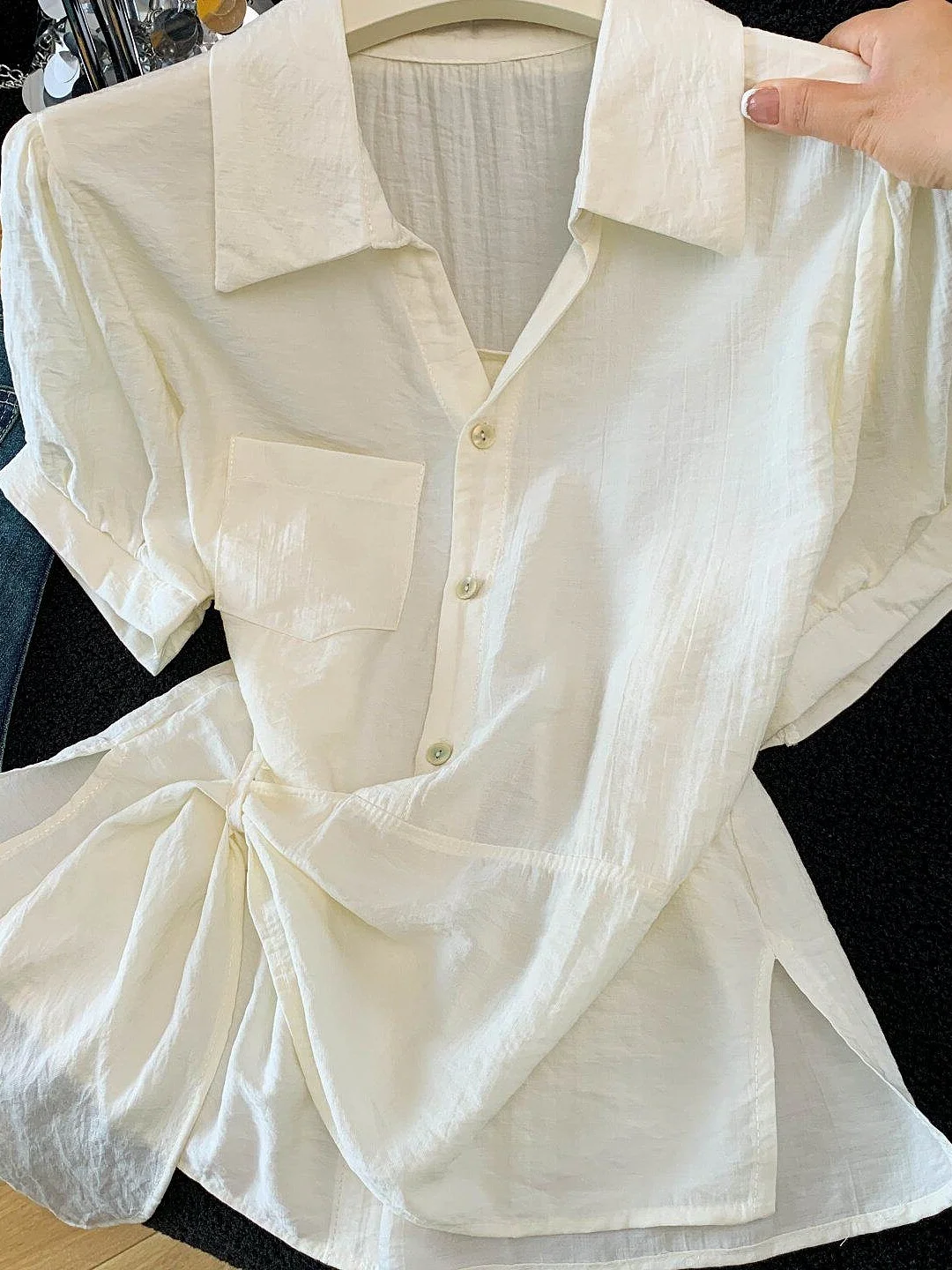 Korean Style Women's Short Sleeve Shirt Collared Tie Waist Slimming Versatile Top Breathable Polyester Summer New Design
Korean Style Women's Short Sleeve Shirt Collared Tie Waist Slimming Versatile Top Breathable Polyester Summer New Design
