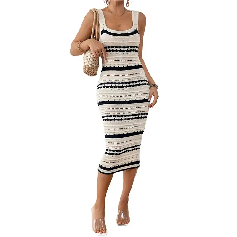 CYL-New Beach Skirt Women's Color Blocking Knitted Stripe U Neck Dress Strap Long Dress
CYL-New Beach Skirt Women's Color Blocking Knitted Stripe U Neck Dress Strap Long Dress