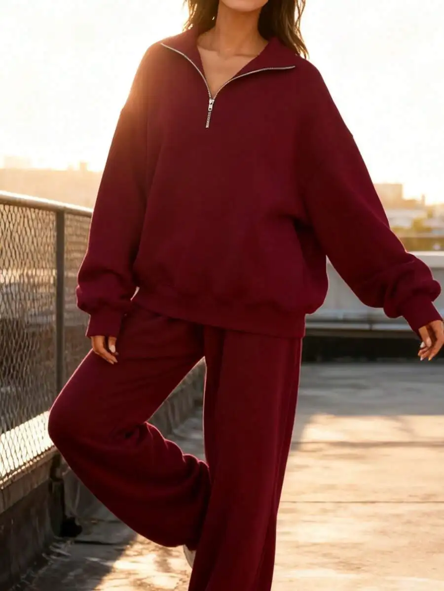 Womens Loose Half-Zip Sweatshirt And Drawstring Pants Set Casual Comfortable Two Piece Outfit
Womens Loose Half-Zip Sweatshirt And Drawstring Pants Set Casual Comfortable Two Piece Outfit