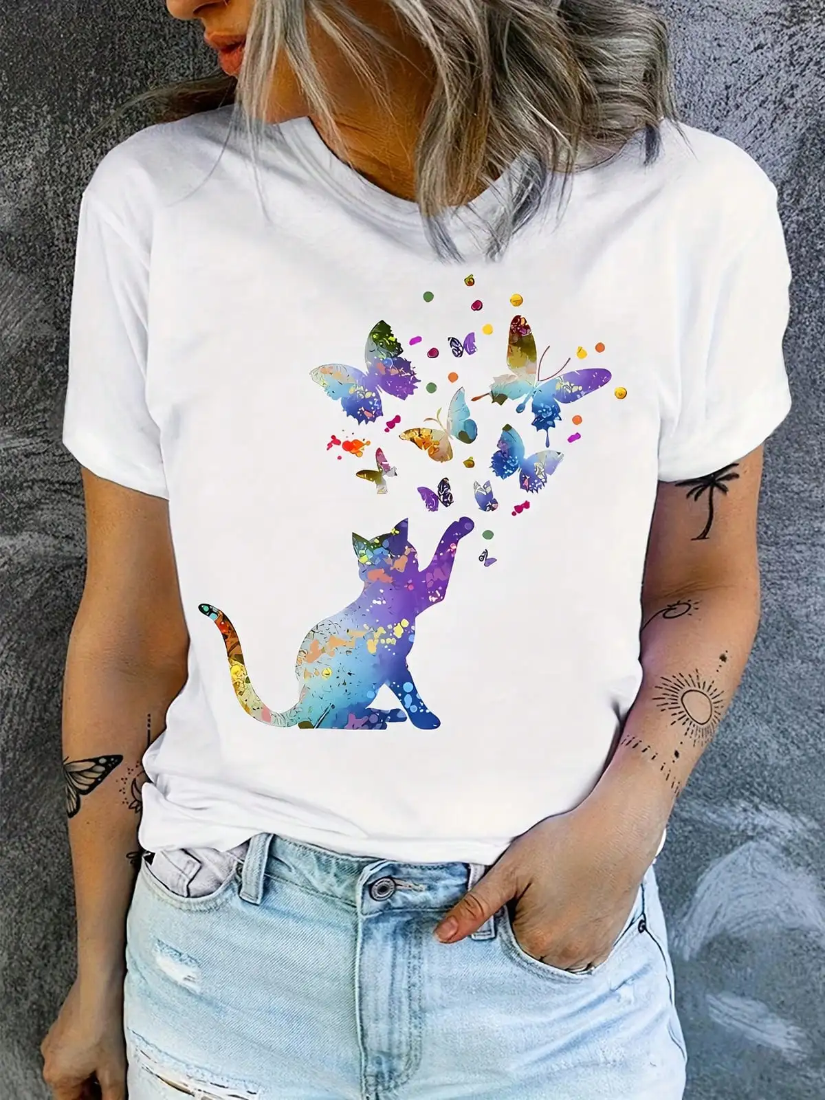 Women's Casual Short Sleeve T-Shirt - Rainbow Butterfly & Cat Geometric Print, Relaxed Fit, Breathable Summer Fabric, Machine Washable, Everyday Apparel, Playful Design, Medium Stretch Fabric,Breathable And Comfortable Short-Sleeved Round-Neck Top, Suitab
Women's Casual Short Sleeve T-Shirt - Rainbow Butterfly & Cat Geometric Print, Relaxed Fit, Breathable Summer Fabric, Machine Washable, Everyday Apparel, Playful Design, Medium Stretch Fabric,Breathable And Comfortable Short-Sleeved Round-Neck Top, Suitab