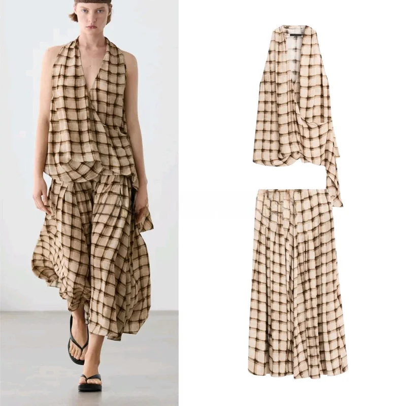 Casual Plaid Print Sash Tie Sleeveless Top And Long Skirt Set Women's Summer Fashion Outfit Loose Draped A-Line Skirt
Casual Plaid Print Sash Tie Sleeveless Top And Long Skirt Set Women's Summer Fashion Outfit Loose Draped A-Line Skirt