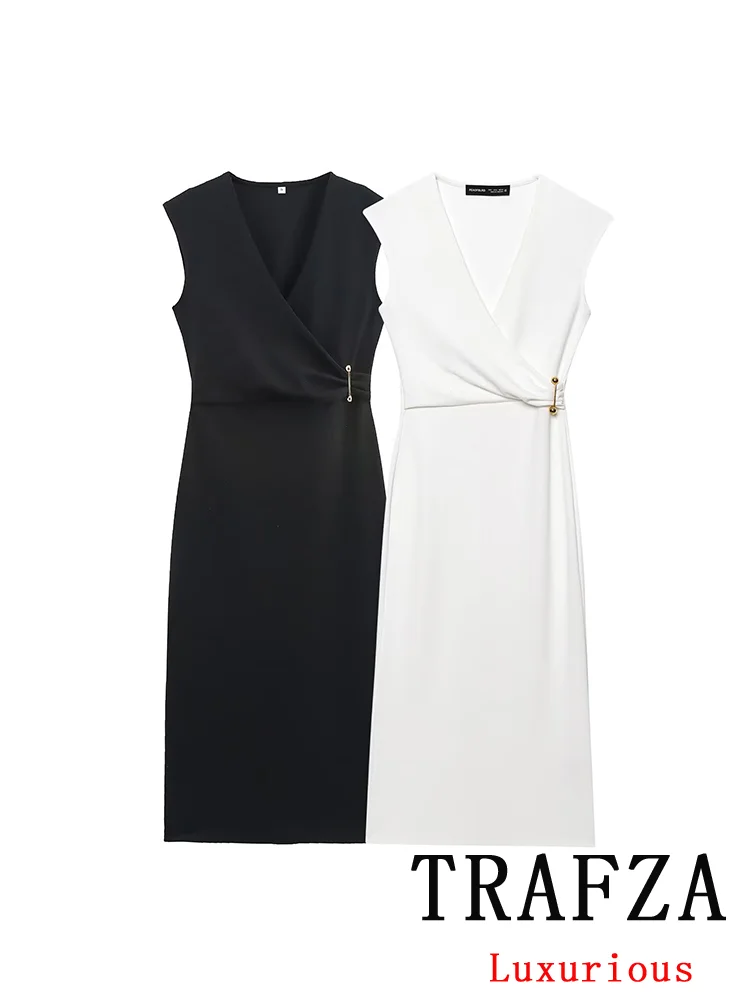 TRAFZA Elegant Chic Women Sleeveless Dress Solid V-Neck Pleated Long Dress New Fashion 2025 Spring Summer Commuter Casual Dress
TRAFZA Elegant Chic Women Sleeveless Dress Solid V-Neck Pleated Long Dress New Fashion 2025 Spring Summer Commuter Casual Dress