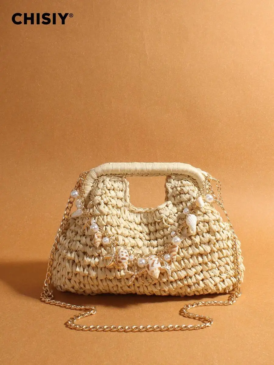 Handmade Hollow Pearl Shell Pendant Straw Bag, breathable woven tote clutch for summer beach resort daily outing
Handmade Hollow Pearl Shell Pendant Straw Bag, breathable woven tote clutch for summer beach resort daily outing