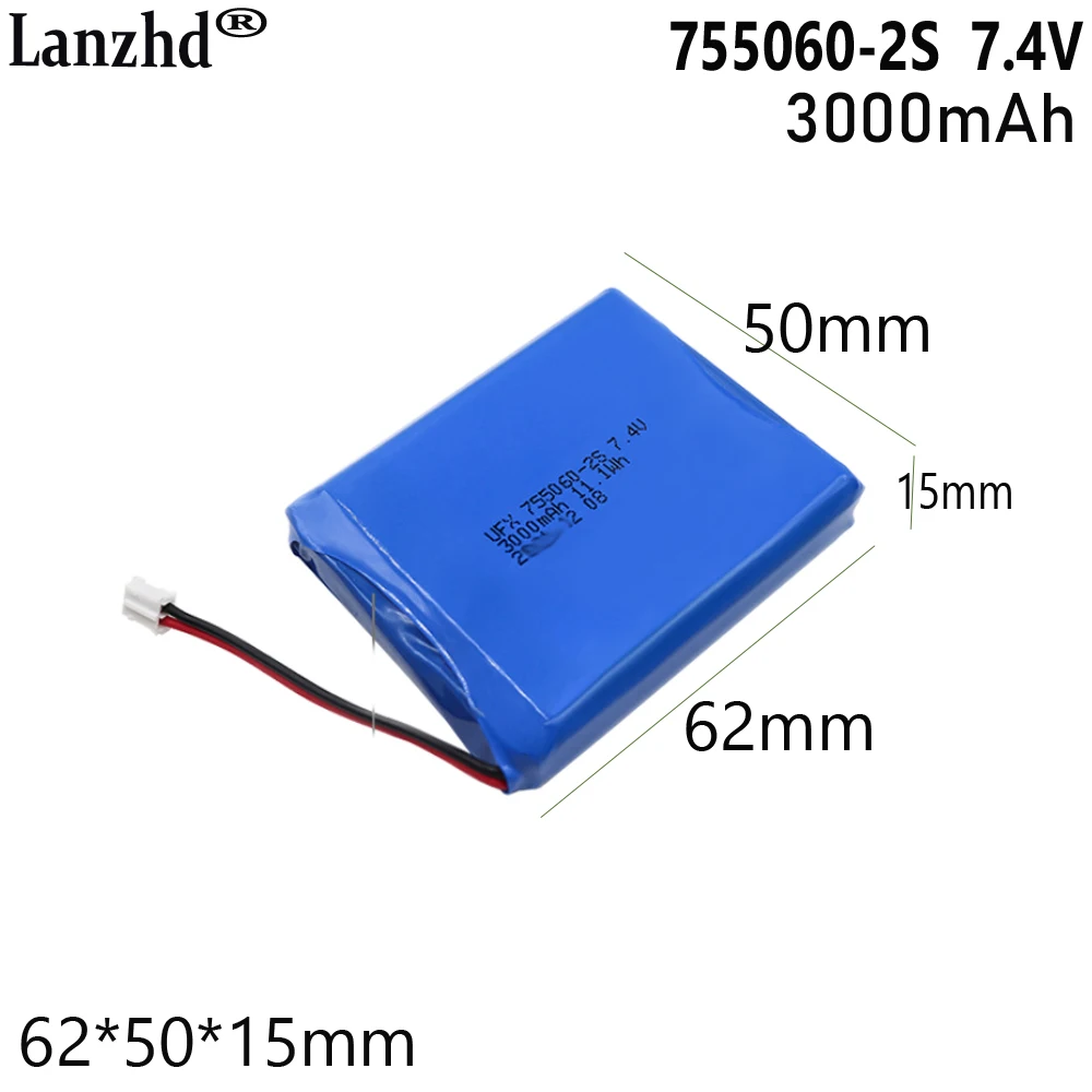 7.4V Li battery pack For Smart home battery Car locator beauty instrument eye care instrument battery 3000mah 755060-2S 15*50*62
7.4V Li battery pack For Smart home battery Car locator beauty instrument eye care instrument battery 3000mah 755060-2S 15*50*62