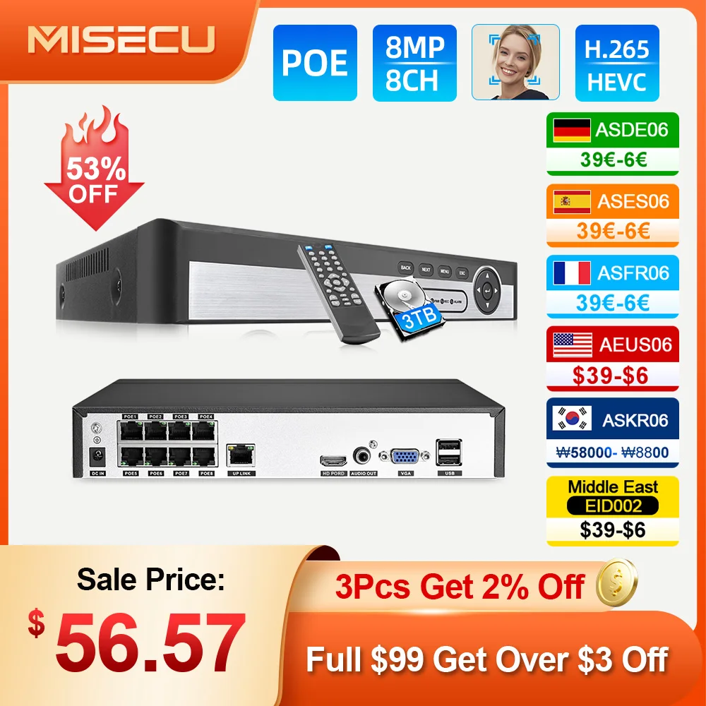 MISECU 4K 8CH POE NVR 8MP Security Video Recorder IP Camera Face Detection Surveillance CCTV System For POE IP Camera
MISECU 4K 8CH POE NVR 8MP Security Video Recorder IP Camera Face Detection Surveillance CCTV System For POE IP Camera