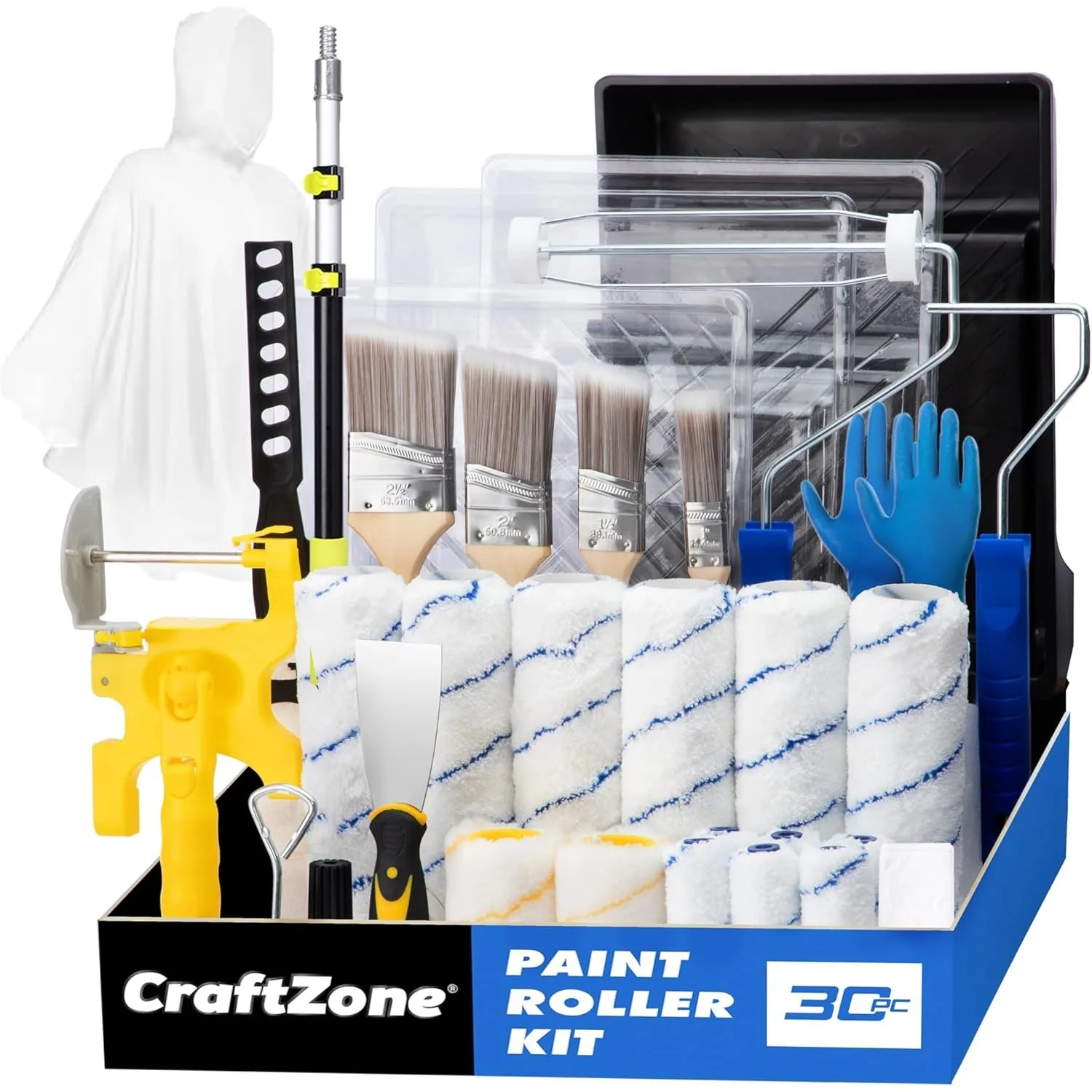 30-Piece Paint Roller Kit with 2-4 ft Extension Pole, Wall Painting Supplies with 12" Edger Brush, Drop Cloth
30-Piece Paint Roller Kit with 2-4 ft Extension Pole, Wall Painting Supplies with 12" Edger Brush, Drop Cloth