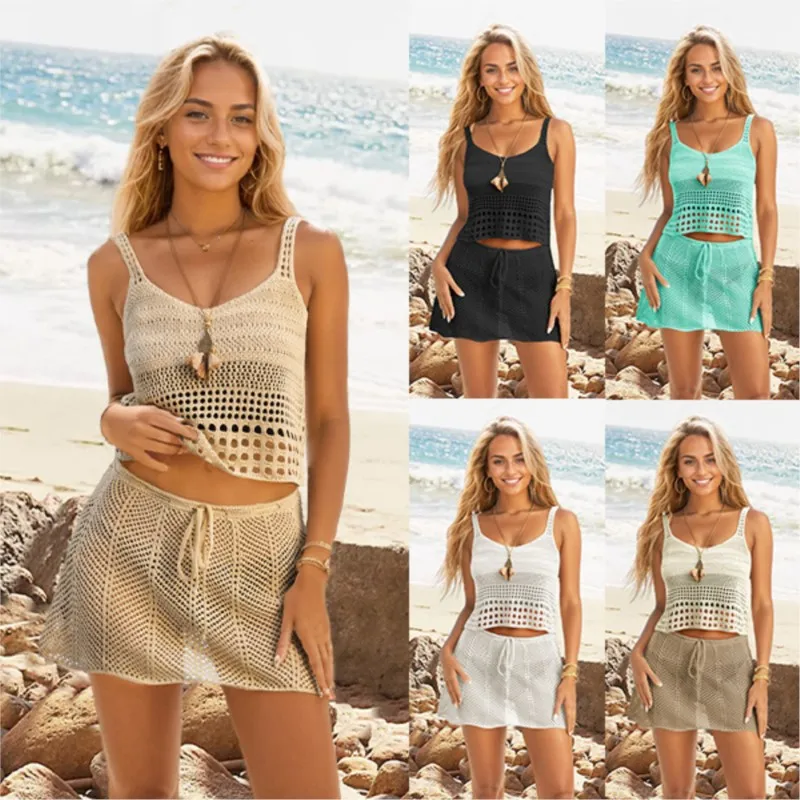 Fashion knitted hollow out backless camisole top+lace up solid color skirt set summer women's sexy beach swimsuit smock cover up
Fashion knitted hollow out backless camisole top+lace up solid color skirt set summer women's sexy beach swimsuit smock cover up