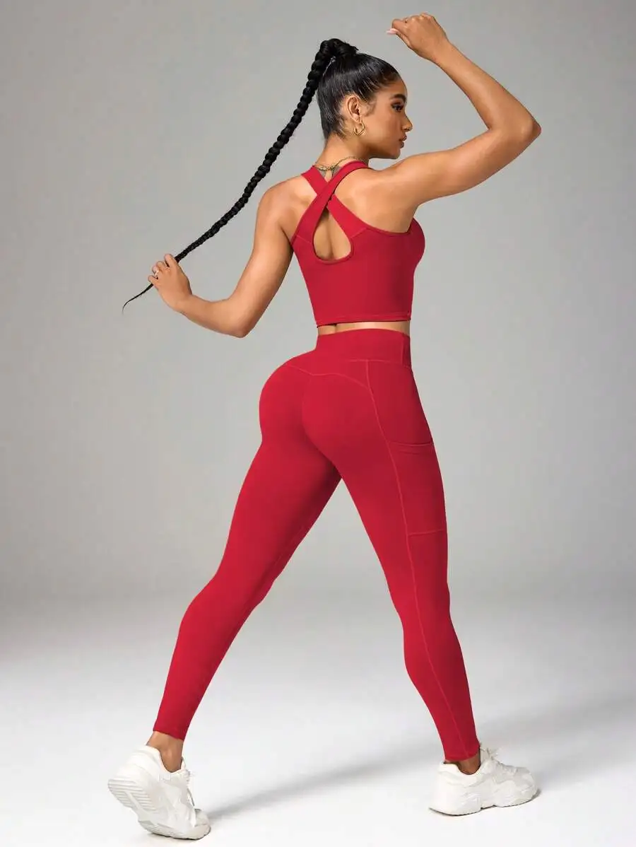 Women Solid Color Crisscross Back Sports Set Workout Top And Leggings
Women Solid Color Crisscross Back Sports Set Workout Top And Leggings