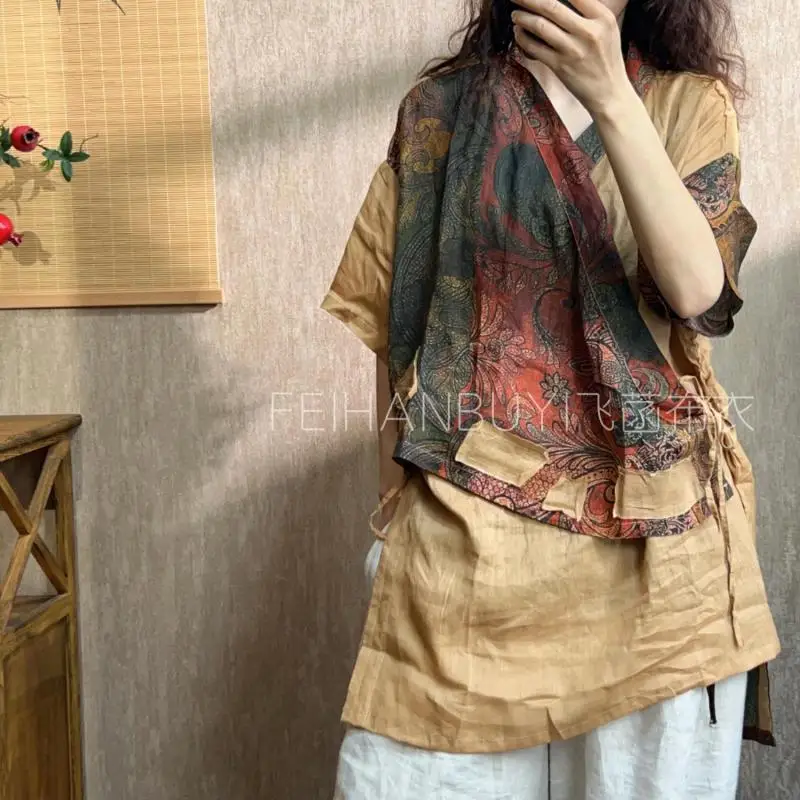 Summer Arts Style Women Short Sleeve V-neck Shirt Vintage Ramie Patchwork Print Lacing Loose Long Blouse Tops High Quality 077-3
Summer Arts Style Women Short Sleeve V-neck Shirt Vintage Ramie Patchwork Print Lacing Loose Long Blouse Tops High Quality 077-3