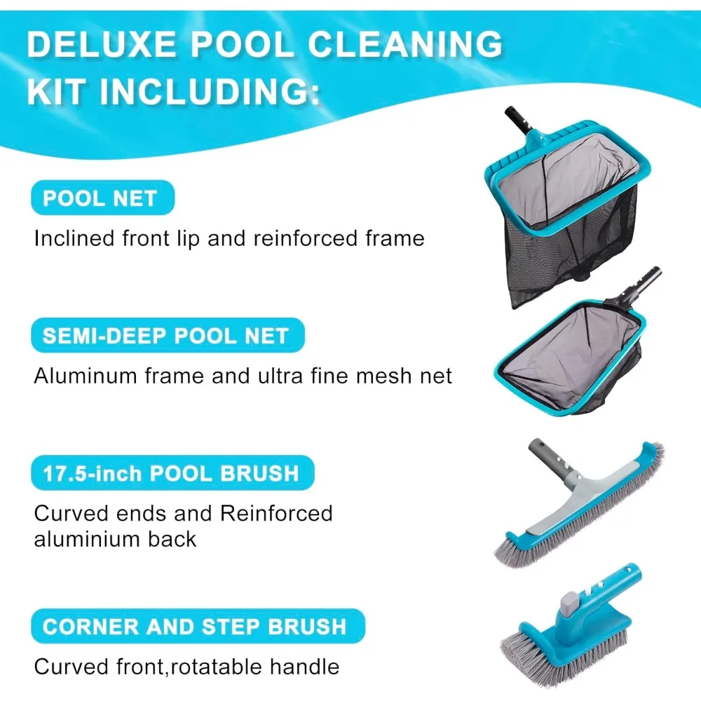 Deluxe Swimming Pool Cleaning Kit Including 2 Brush Heads, 2 Pool Skimmer Nets(NO Pole)
Deluxe Swimming Pool Cleaning Kit Including 2 Brush Heads, 2 Pool Skimmer Nets(NO Pole)