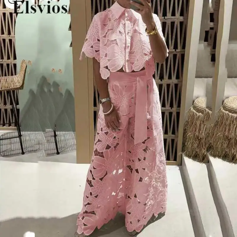 Women Hollow 2Pcs Lace Outfit Embroidery Retro Temperament Suit 2024 Elegant Button Short Sleeved Blouse Tops&Tie-up Pants Set
Women Hollow 2Pcs Lace Outfit Embroidery Retro Temperament Suit 2024 Elegant Button Short Sleeved Blouse Tops&Tie-up Pants Set