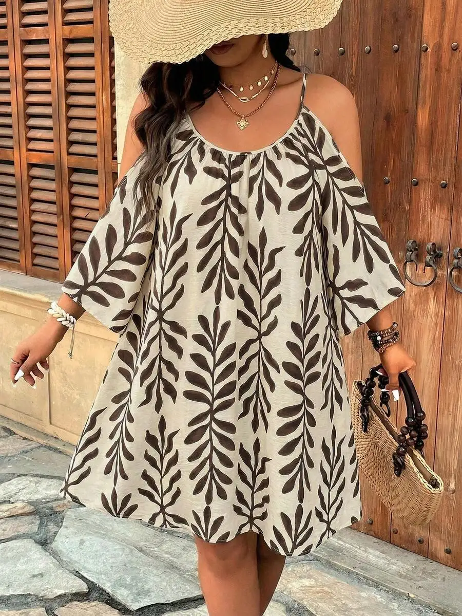 Plus Size Off Shoulder Bell Sleeve Leaf Print Linen Like A-Line Dress For Beach Casual Outing
Plus Size Off Shoulder Bell Sleeve Leaf Print Linen Like A-Line Dress For Beach Casual Outing