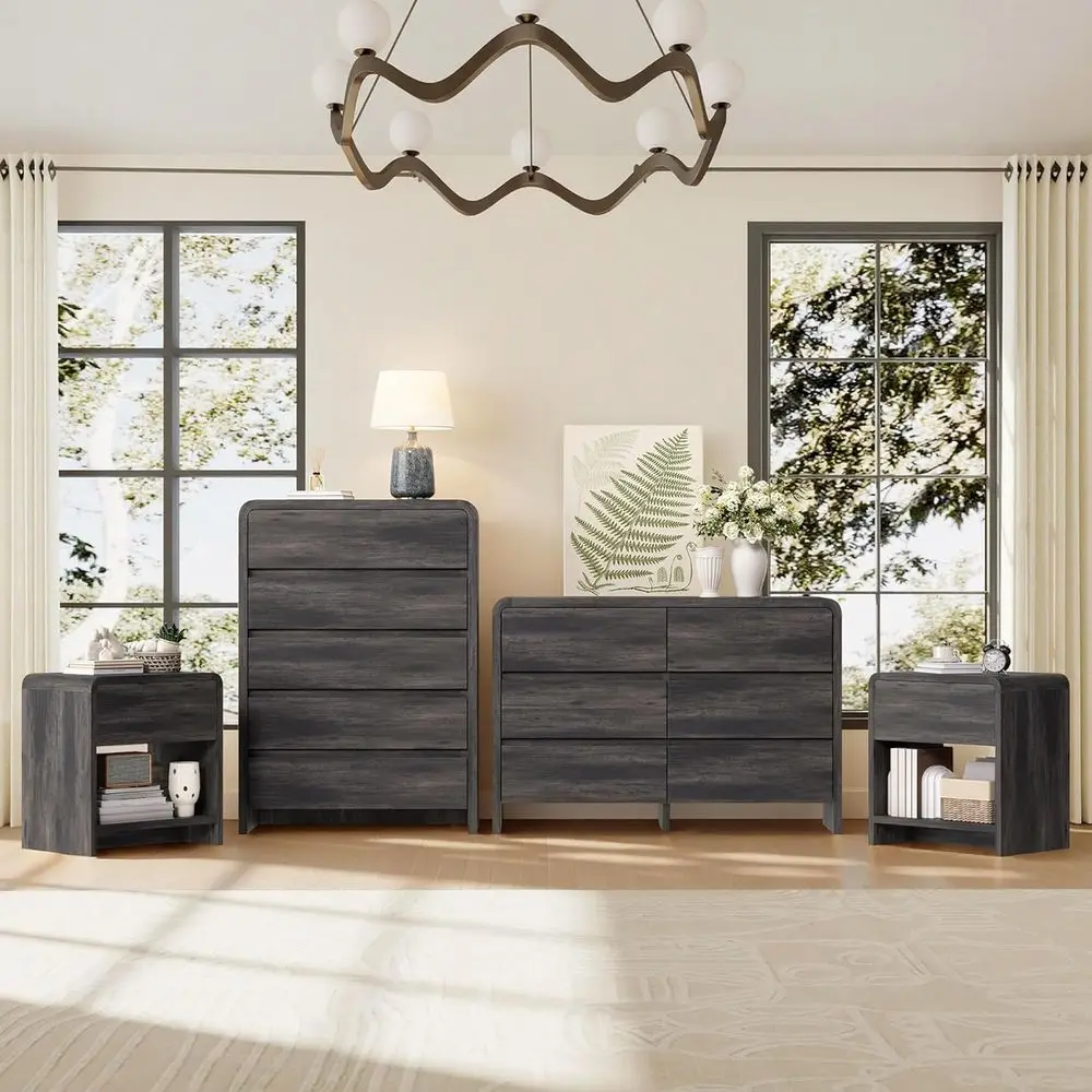 4-Piece Bedroom Furniture Set: 5-Drawer Dresser, 6-Drawer Dresser, 2 Nightstands, Large Storage, Rounded Design, Anti-Tip Kit In
4-Piece Bedroom Furniture Set: 5-Drawer Dresser, 6-Drawer Dresser, 2 Nightstands, Large Storage, Rounded Design, Anti-Tip Kit In