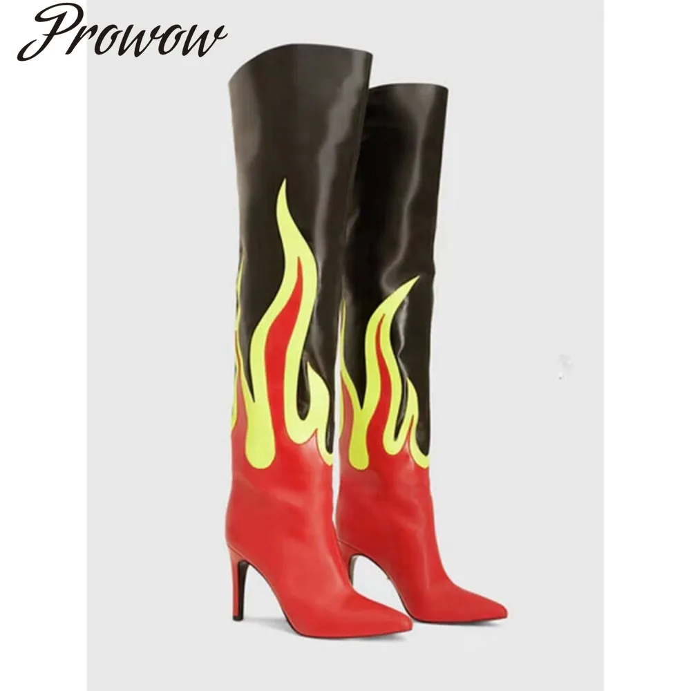 Модные сапоги до колена на высоком каблуке с острым принтом и пламенным принтом, женская обувь Zapatos Mujer 
Модные сапоги до колена на высоком каблуке с острым принтом и пламенным принтом, женская обувь Zapatos Mujer