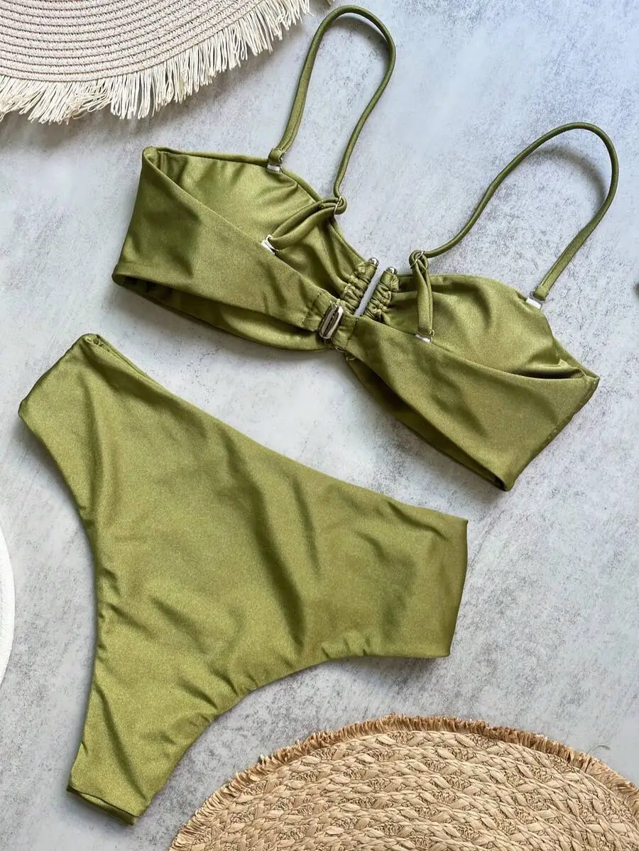 Olive Green Satin Bandeau Bikini Featuring Adjustable Thin Straps, Front Knot Tie, And Silver Buckle Detail For Summer Beachwear
Olive Green Satin Bandeau Bikini Featuring Adjustable Thin Straps, Front Knot Tie, And Silver Buckle Detail For Summer Beachwear