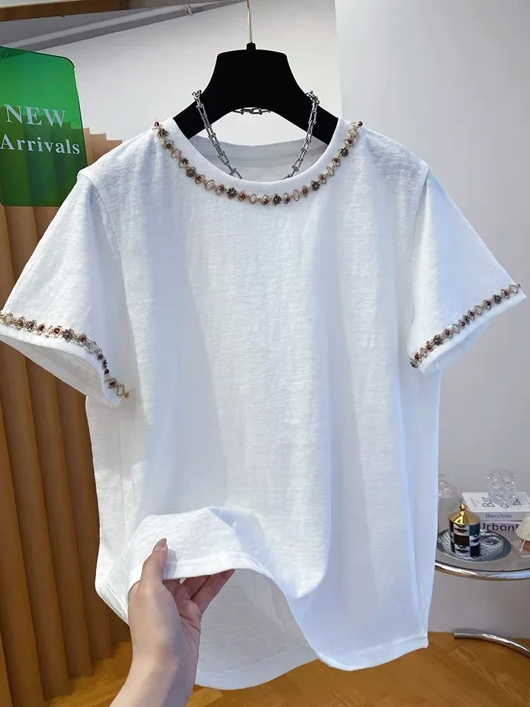 Новинка 2025, летние белые футболки с бисером, женская одежда, корейская мода, повседневные свободные топы с круглым вырезом и короткими рукавами, женские футболки 
Новинка 2025, летние белые футболки с бисером, женская одежда, корейская мода, повседневные свободные топы с круглым вырезом и короткими рукавами, женские футболки