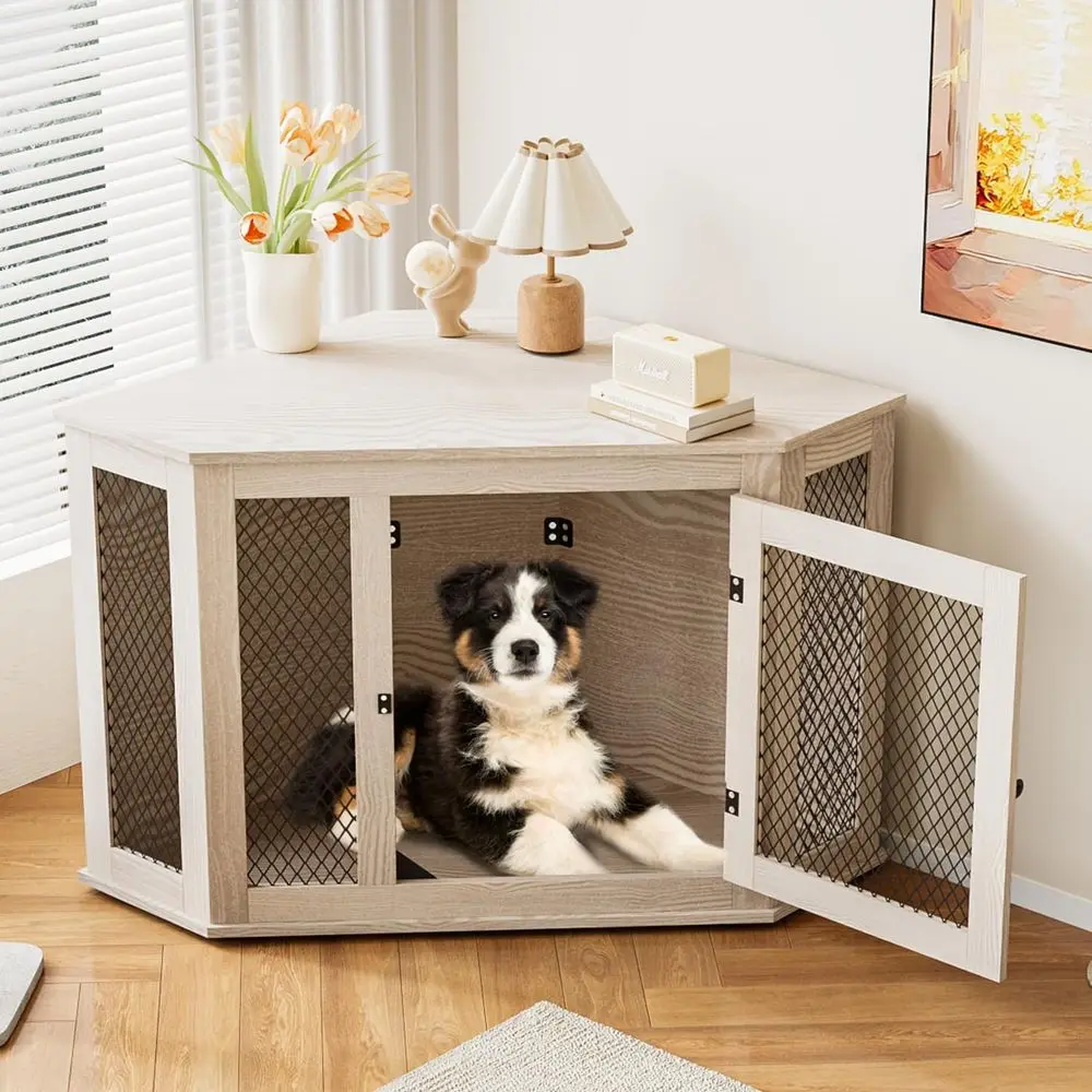 44 Wooden Dog Crate with Metal Mesh, Decorative Indoor Kennel for Small to Medium Dogs, Space-Saving TV Stand, White
44 Wooden Dog Crate with Metal Mesh, Decorative Indoor Kennel for Small to Medium Dogs, Space-Saving TV Stand, White