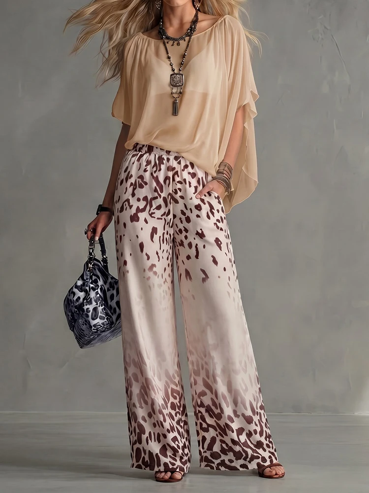 Women Elegant Elastic Waist Chiffon 2Pc Suits O-Neck Half Sleeve Pullover & Wide Leg Pants Set Retro Leopard Print Loose Outfit
Women Elegant Elastic Waist Chiffon 2Pc Suits O-Neck Half Sleeve Pullover & Wide Leg Pants Set Retro Leopard Print Loose Outfit