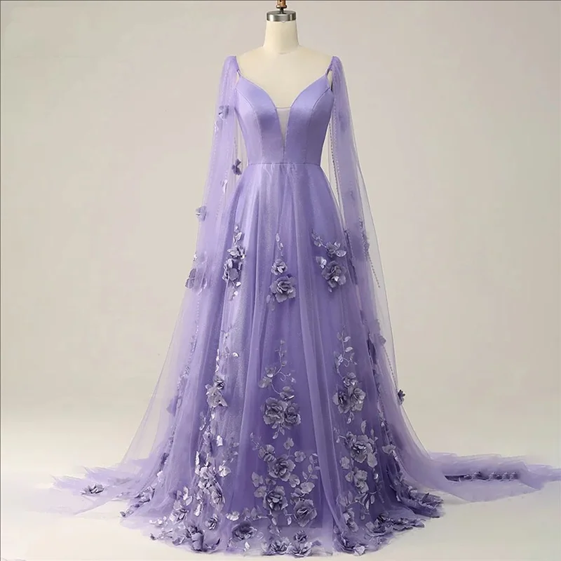 Purple Elegant Prom Dress Tulle Scoop Formal Gown Pleat Appliques A-Line Regular Sleeve 3D-Flower Evening Dress Customized
Purple Elegant Prom Dress Tulle Scoop Formal Gown Pleat Appliques A-Line Regular Sleeve 3D-Flower Evening Dress Customized