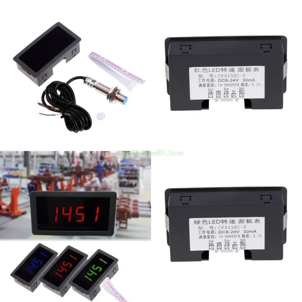 24TE 4 Digital LED Tachometer RPM Speed Meter+Proximity Switch 12V 9999RPM