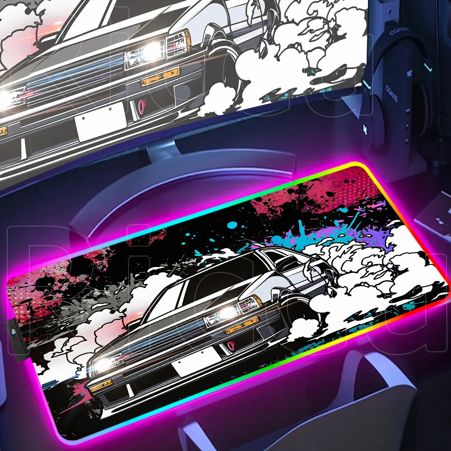 Large Non-Slip Rubber Keyboard Mats With Glowing Gaming RGB Mouse Pad Initial D AE86 Anime Laptop Carpet LED Backlight Desk Rug