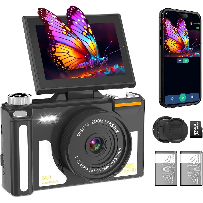 4K Digital Camera, Autofocus, WiF 64MP Vlogging Camera for YouTube, 3" 180 ° Flip Screen, 20x Digital Zoom Point
4K Digital Camera, Autofocus, WiF 64MP Vlogging Camera for YouTube, 3" 180 ° Flip Screen, 20x Digital Zoom Point