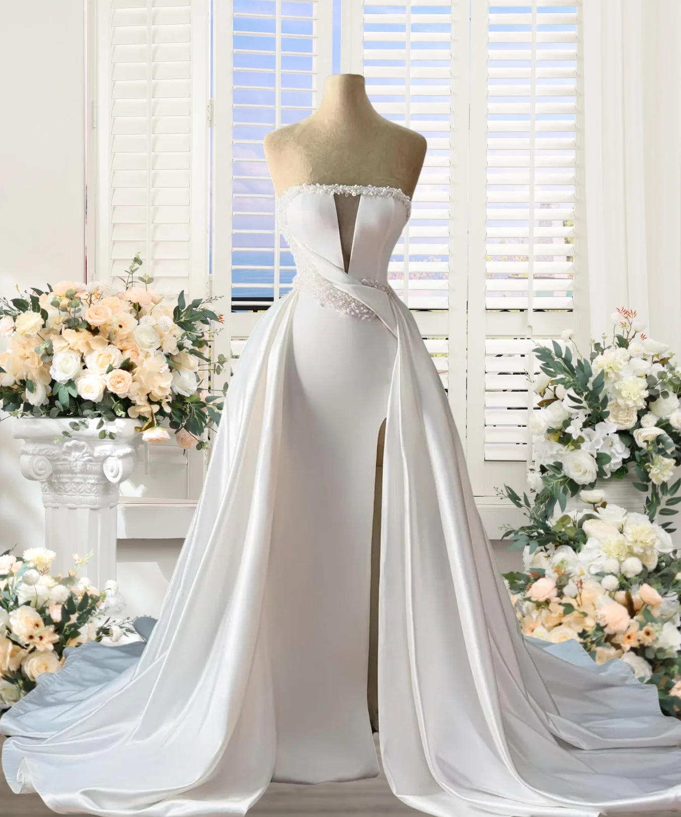 White A Line Satin Pearls Wedding Dresses Long for Bride 2025 Overskirt Side Slit Bridal Gowns Customized Elegant
White A Line Satin Pearls Wedding Dresses Long for Bride 2025 Overskirt Side Slit Bridal Gowns Customized Elegant