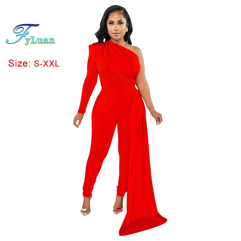 Solid Color Women One Shoulder One Long Sleeve Ruffles Side Splicing High Waist Jumpsuit Women Prom Party One Piece Set Outfits
Solid Color Women One Shoulder One Long Sleeve Ruffles Side Splicing High Waist Jumpsuit Women Prom Party One Piece Set Outfits
