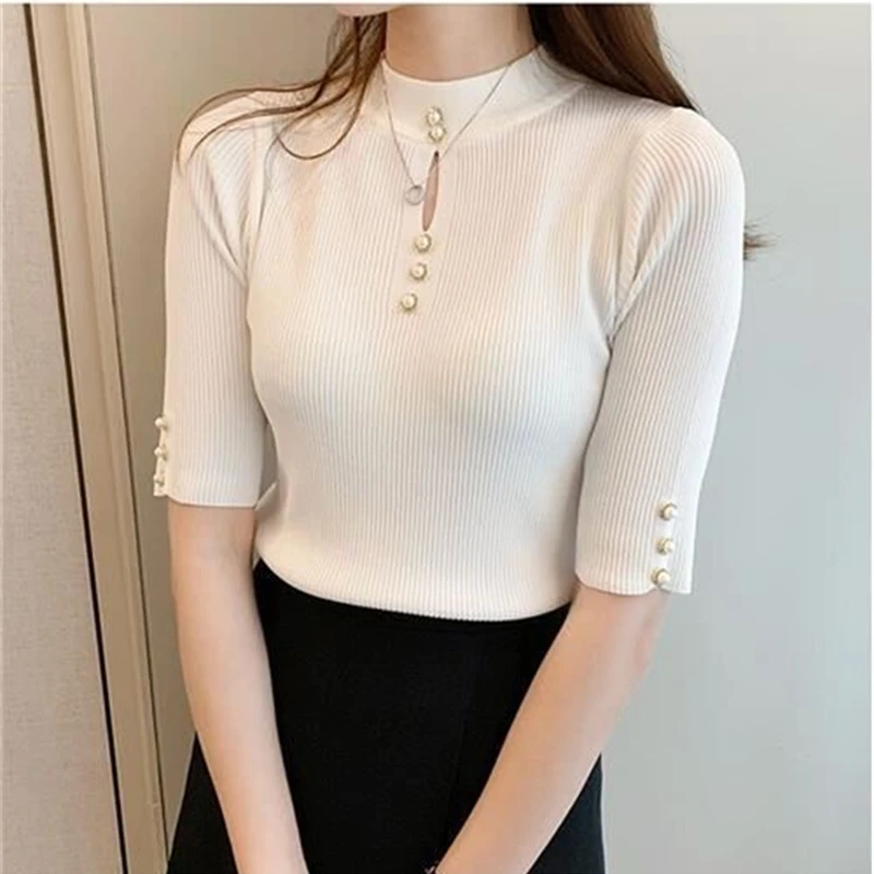 Women's Short-Sleeve Ribbed Knit Top with Cutout Keyhole Pearl Buttons Mock Neck Blouse Summer Sweater Top Elegant Workwear
Women's Short-Sleeve Ribbed Knit Top with Cutout Keyhole Pearl Buttons Mock Neck Blouse Summer Sweater Top Elegant Workwear
