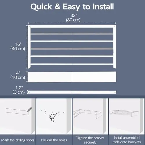 White Wall-Mounted Folding Laundry Drying Rack 32 Inch With 5 Stainless Steel Rods Space Saving Design Includes Template
White Wall-Mounted Folding Laundry Drying Rack 32 Inch With 5 Stainless Steel Rods Space Saving Design Includes Template