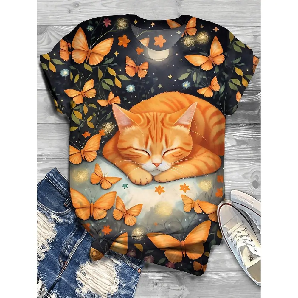 New T-Shirt for Women Cat Print Tee Round Neck Loose Casual Short Sleeve Tee Blouse Female Fashion Animal Graphic Top Streetwear
New T-Shirt for Women Cat Print Tee Round Neck Loose Casual Short Sleeve Tee Blouse Female Fashion Animal Graphic Top Streetwear