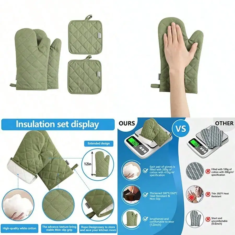 Oven Mitts And Pot Holders 4 Pcs Set, High Heat Resistant 500 Degree Extra Thicken Long Kitchen Cotton Oven Glove For Cooking 12 Inch, Green
Oven Mitts And Pot Holders 4 Pcs Set, High Heat Resistant 500 Degree Extra Thicken Long Kitchen Cotton Oven Glove For Cooking 12 Inch, Green