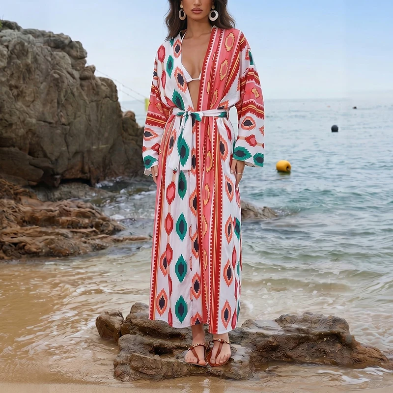 Fashion Printed Cover Up Seaside Long Dress Long Sleeved Sun Protection Clothing Elegant V-neck Lace Up Waist Holiday Robe Dress
Fashion Printed Cover Up Seaside Long Dress Long Sleeved Sun Protection Clothing Elegant V-neck Lace Up Waist Holiday Robe Dress
