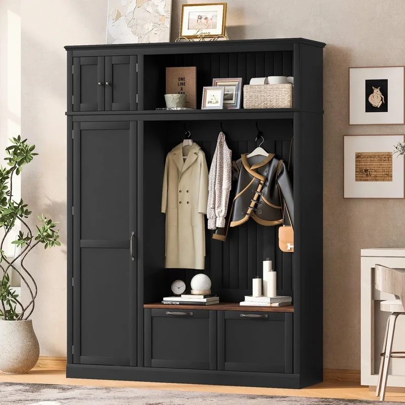 3-in-1 Entryway Organizer with Overhead Cabinet, Adjustable Shelves, Heavy-Duty Hooks, Two Drawers, Grooved Back, Contrast Seat Bench
3-in-1 Entryway Organizer with Overhead Cabinet, Adjustable Shelves, Heavy-Duty Hooks, Two Drawers, Grooved Back, Contrast Seat Bench