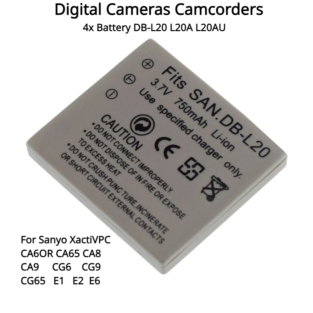Цифровые фотоаппараты, видеокамеры, аккумулятор 4x стандарта L20A L20AU для Sanyo XactiVPC CA6OR CA65 CA8 CA9 CG6 CG9 CG65 E1 E2 E6
Цифровые фотоаппараты, видеокамеры, аккумулятор 4x стандарта L20A L20AU для Sanyo XactiVPC CA6OR CA65 CA8 CA9 CG6 CG9 CG65 E1 E2 E6