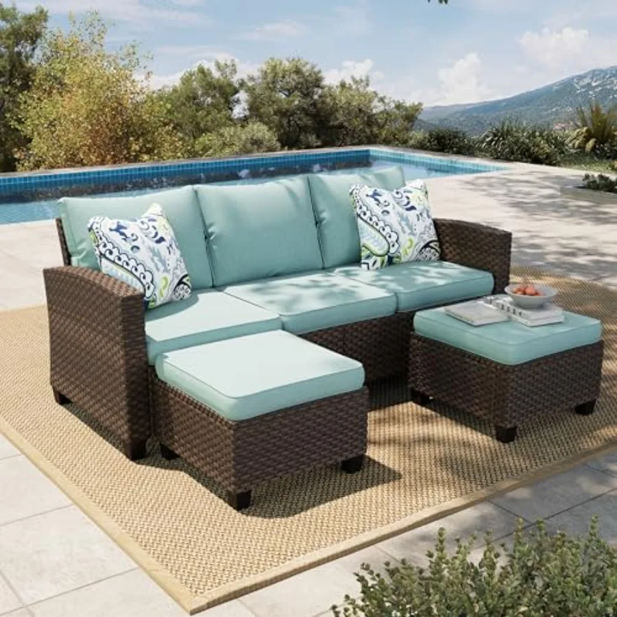 Small patio furniture set: wicker outdoor sectional, L-shaped rattan couch set in beige, modular design with lounge sofa and ot
Small patio furniture set: wicker outdoor sectional, L-shaped rattan couch set in beige, modular design with lounge sofa and ot