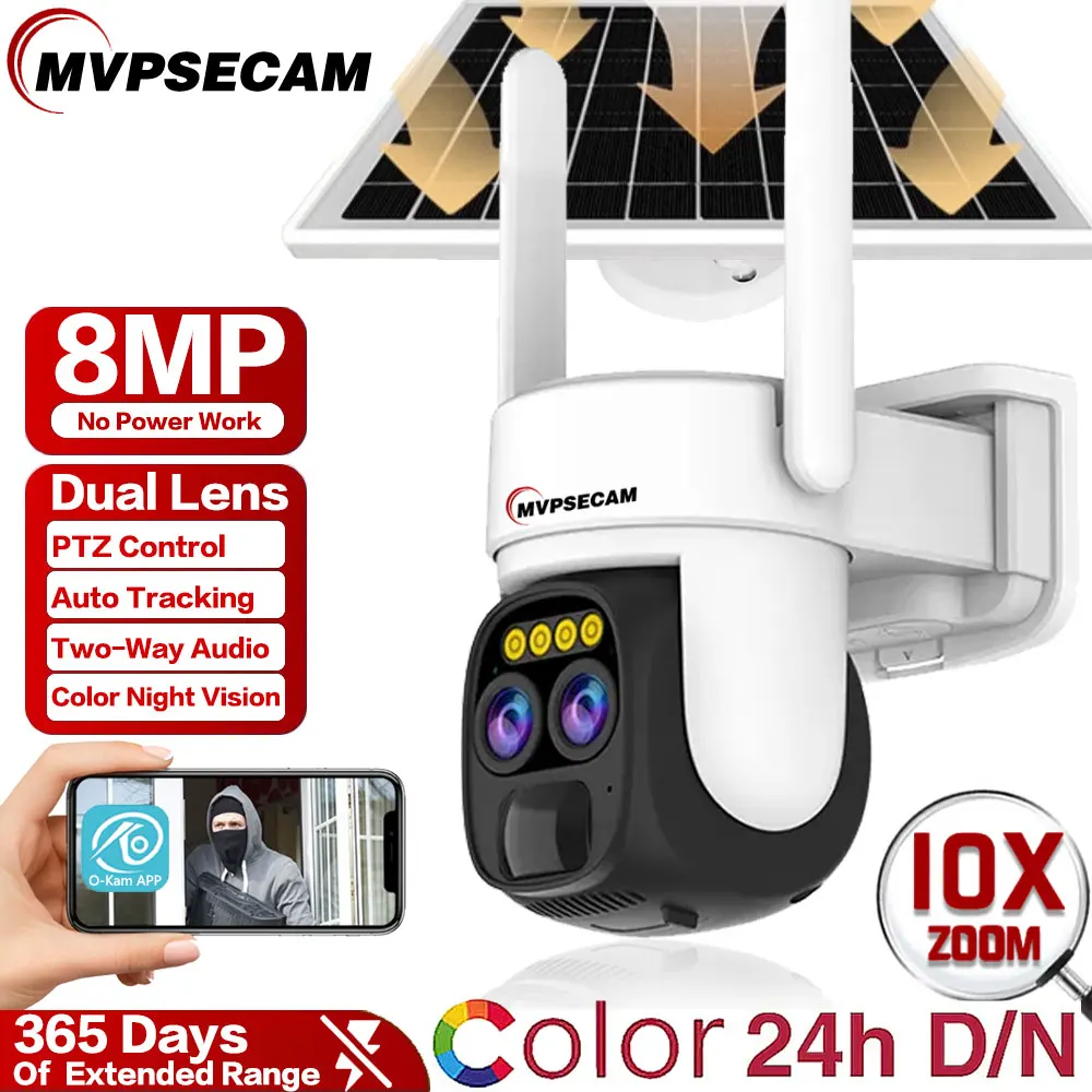 Dual Len WIFI Solar 4K 8MP Camera Outdoor 10X Optical Zoom Two-way Audio Color Night Vision Bulit-in Battery Security PTZ Camera
Dual Len WIFI Solar 4K 8MP Camera Outdoor 10X Optical Zoom Two-way Audio Color Night Vision Bulit-in Battery Security PTZ Camera