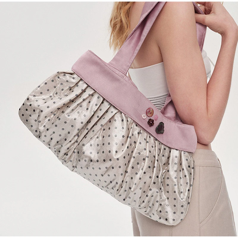 Cute Polka Dot Ruffled Tote Bag, Soft Glossy Color Block Button Shoulder Bag, Large Capacity Handbag For Women Daily Commute
Cute Polka Dot Ruffled Tote Bag, Soft Glossy Color Block Button Shoulder Bag, Large Capacity Handbag For Women Daily Commute