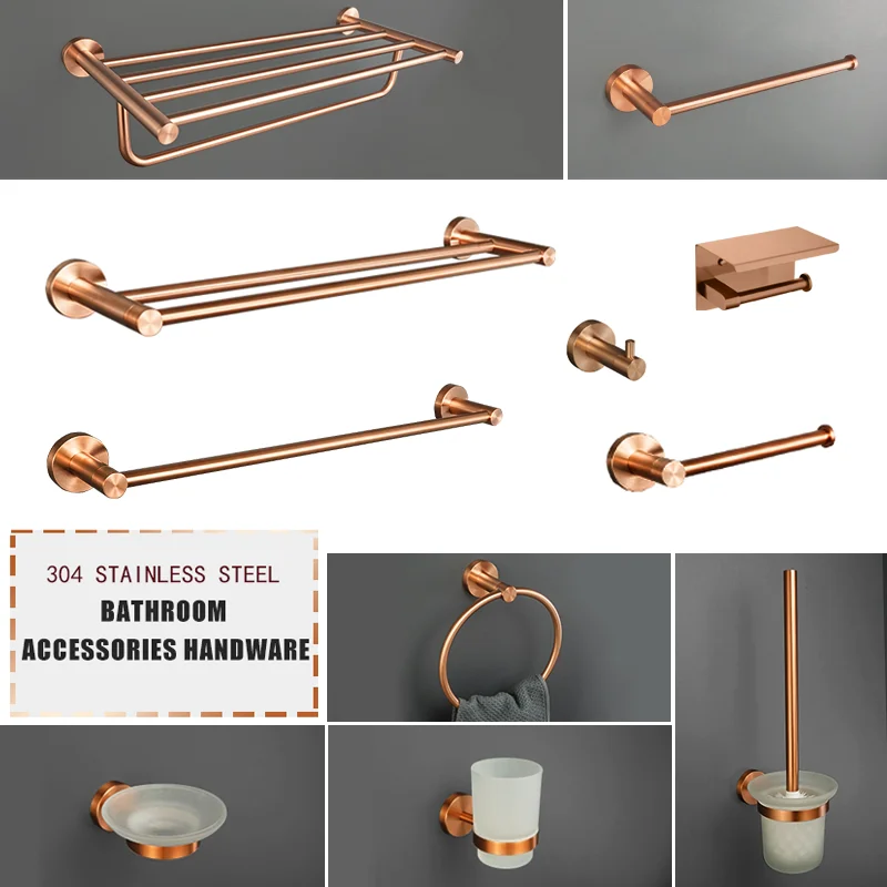 Brushed Rose Gold Stainless Steel Wall-Mounted Bathroom Accessories Set -Towel Stick Toilet Paper Holder Robe Hook And Soap Dish
Brushed Rose Gold Stainless Steel Wall-Mounted Bathroom Accessories Set -Towel Stick Toilet Paper Holder Robe Hook And Soap Dish