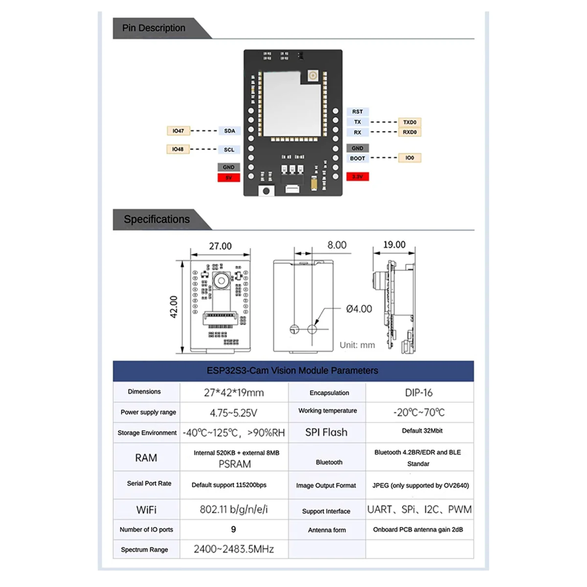 TEH-eESP32-S3 Wifi Camera Module AI Vision Module Support WiFi Video Transmission Face and Color Recognition Dual-Mode
TEH-eESP32-S3 Wifi Camera Module AI Vision Module Support WiFi Video Transmission Face and Color Recognition Dual-Mode