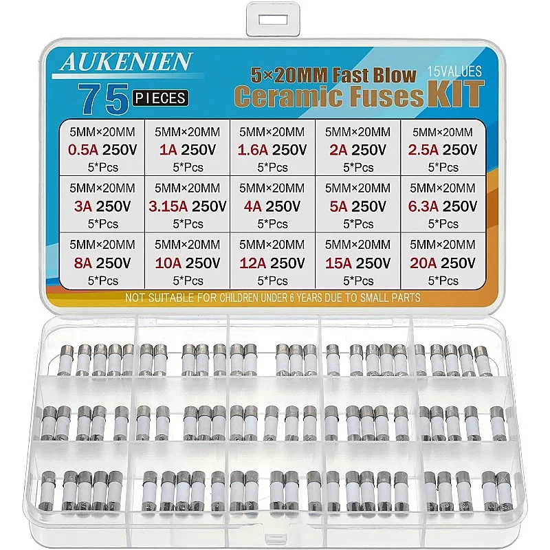 AUKENIEN 5x20mm Fast Ceramic Fuses 15Value 0.5A 1A 1.6A 2A 2.5A 3A 3.15A 4A 5A 6.3A 8A 10A 12A 15A 20A 250V Ceramic Fuses Kit
AUKENIEN 5x20mm Fast Ceramic Fuses 15Value 0.5A 1A 1.6A 2A 2.5A 3A 3.15A 4A 5A 6.3A 8A 10A 12A 15A 20A 250V Ceramic Fuses Kit