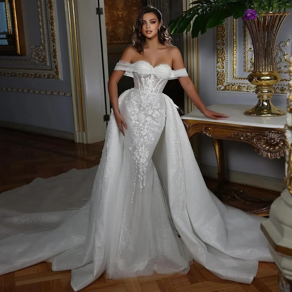 Elegant Mermaid Wedding Dresses Sequined Bridal Gowns With Detachable Train Off The Shoulder Neckline Tulle Customized
Elegant Mermaid Wedding Dresses Sequined Bridal Gowns With Detachable Train Off The Shoulder Neckline Tulle Customized