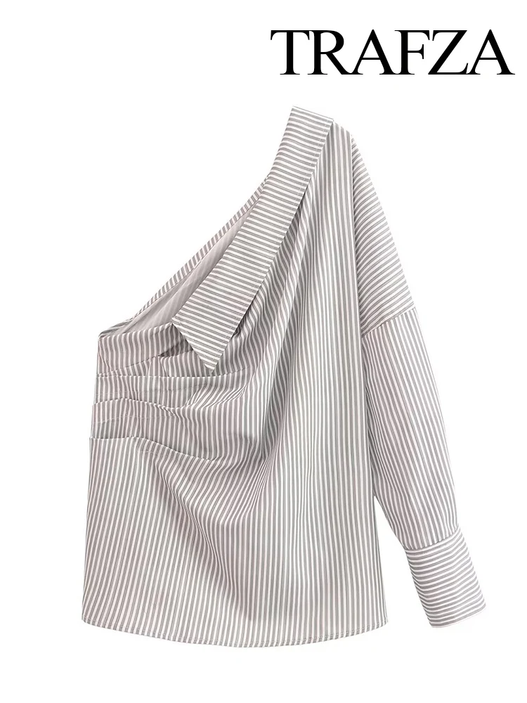 TRAFZA 2024 Women Fashion Versatile Striped Asymmetrical Slant Collar Shirt Pleated Top Female Chic Sexy High Street Casual Top
TRAFZA 2024 Women Fashion Versatile Striped Asymmetrical Slant Collar Shirt Pleated Top Female Chic Sexy High Street Casual Top