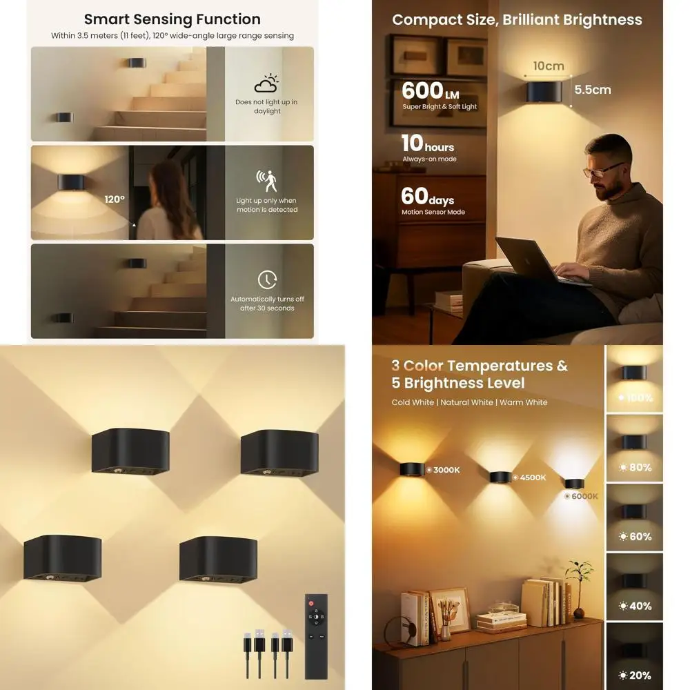 Wireless LED Wall Sconce with Remote, 3 Colors, Adjustable Brightness, 5000mAh Battery, Black
Wireless LED Wall Sconce with Remote, 3 Colors, Adjustable Brightness, 5000mAh Battery, Black