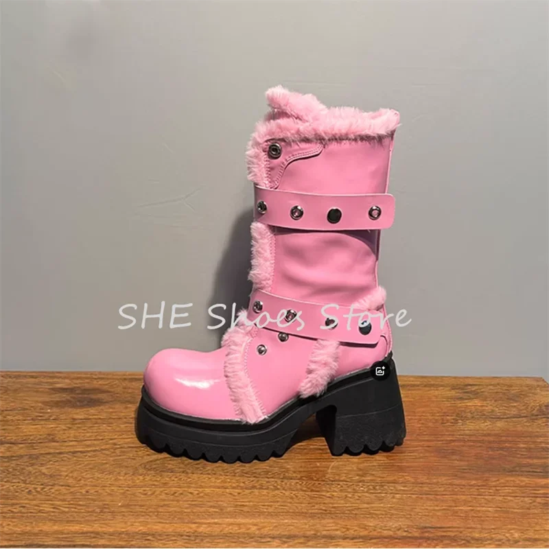 Mixed Color Round Toe Chunky Heel Women Knight Boots Plush Splicing Mid-Calf Snow Boots Winter Warm Shoes Ladies Leather Shoes
Mixed Color Round Toe Chunky Heel Women Knight Boots Plush Splicing Mid-Calf Snow Boots Winter Warm Shoes Ladies Leather Shoes