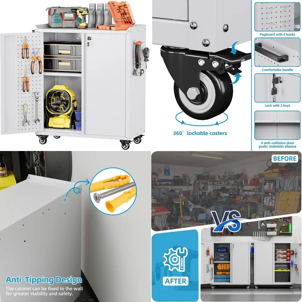 White 13.8D x 26W x 34.3H Metal Storage Cabinet with Pegboard, Hooks, Wheels, and 2 Lockable Doors for Home & Office
White 13.8D x 26W x 34.3H Metal Storage Cabinet with Pegboard, Hooks, Wheels, and 2 Lockable Doors for Home & Office