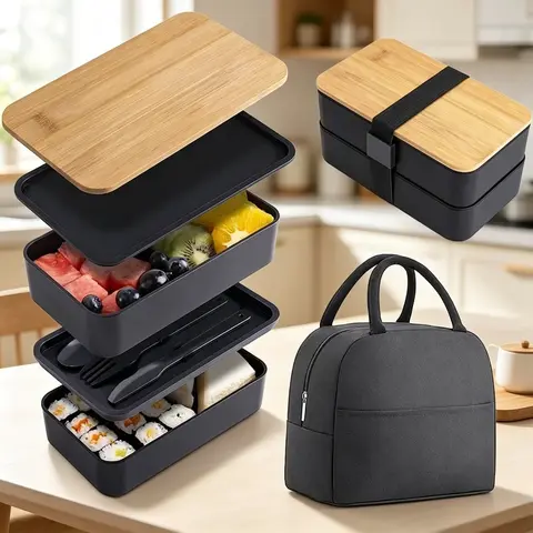 Boîte à lunch en paille de blé à double couche avec couvercle en bambou, compartimentée, compatible micro-ondes, boîte à bento en plastique pour sushis, ensemble de contenants alimentaires
