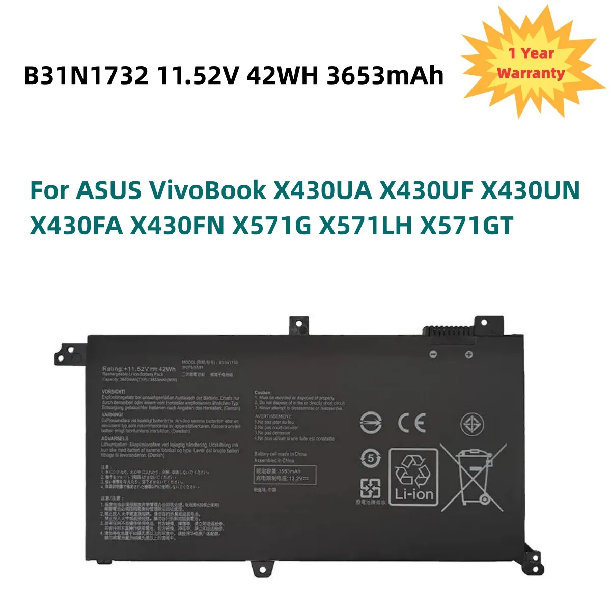 B31N1732 Laptop Battery for ASUS VivoBook X430UA X430UF X430UN X430FA X430FN X571G X571LH X571GT 11.52V 42WH
B31N1732 Laptop Battery for ASUS VivoBook X430UA X430UF X430UN X430FA X430FN X571G X571LH X571GT 11.52V 42WH
